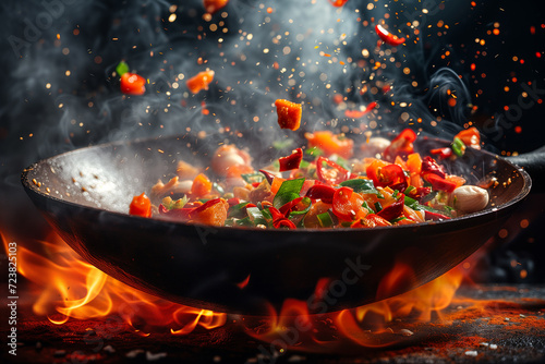 Freeze Motion of Wok Pan with Flying Ingredients