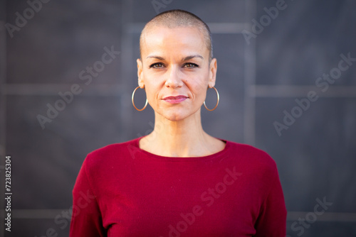 serious woman with shaved head photo