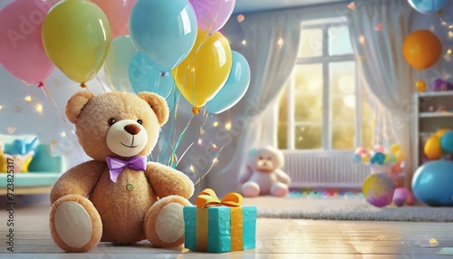 Miś, balony i prezent w dziecięcym pokoju. Tło urodzinowe lub na dzień dziecka.