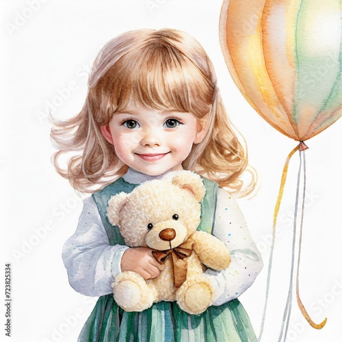 Little girl with a teddy bear and a balloon on a white background