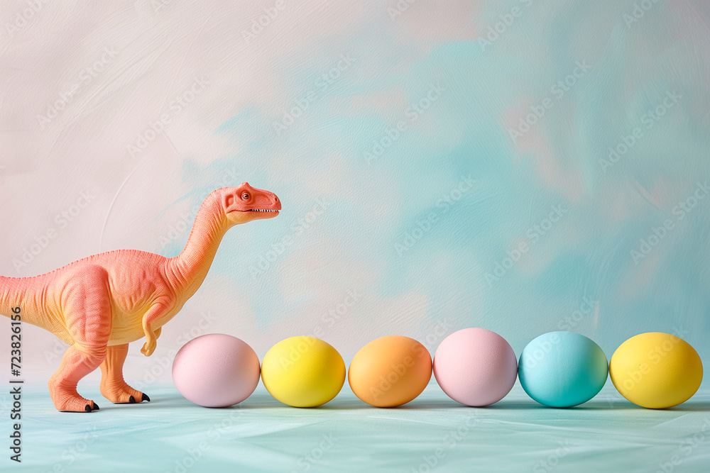 Fototapeta premium An orange figurine of a dinosaur next to a row of colored Easter eggs.
