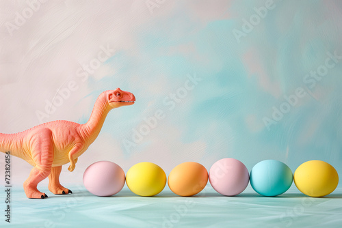 An orange figurine of a dinosaur next to a row of colored Easter eggs. © NadezhdaShestera