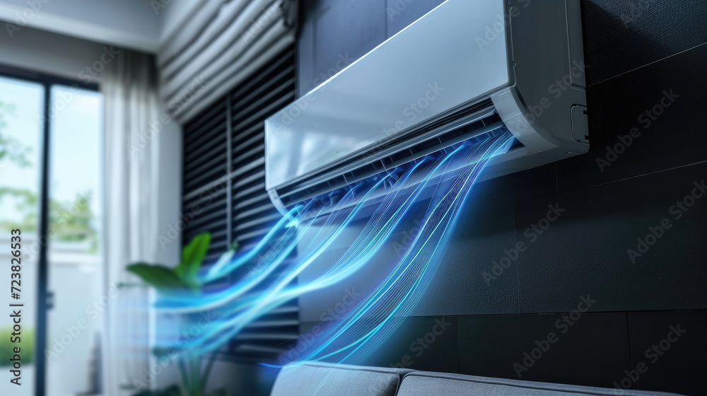 Blue waves of fresh clean air in the apartment. Air conditioner. Fresh scent and air filtration effect.