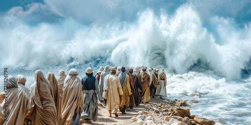 Moses guiding the people of Israel as they left Egypt crossing the Red Sea towards the Promised Land Generative AI Illustration photo