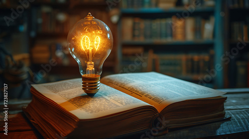 light bulb burning on top of book, brilliant idea business success concept background