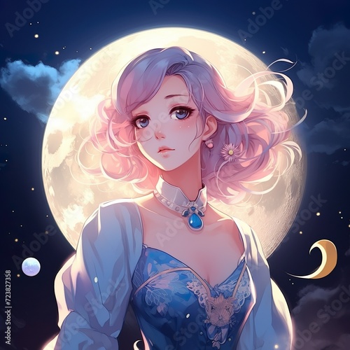 cute kawai anime character illustration with moon behind
