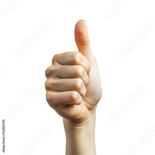 mano cerrada con el pulgar hacia arriba en signo de conformidad, sobre fondo blanco transparente png photo