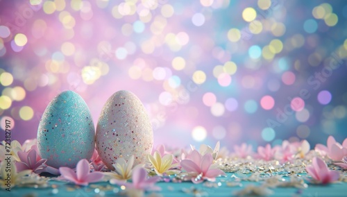 Glittery Easter eggs surrounded by pastel flowers on a sparkling bokeh background