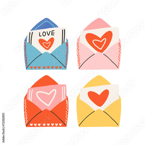 Set of elements for St. Valentine's Day, postcard in envelope with a heart and the text of love. Symbol of love, romance.