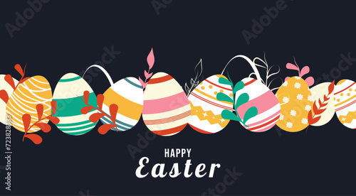 Banner with painted eggs and flowers. Spring holiday. Handwritten inscription. Pattern. Postcard template. Leinart. Stroke and dots. Greeting card. Theme for the holiday. Chirpy. Background