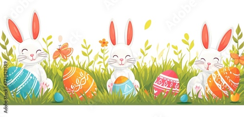 Joyful Easter Bunnies with Colorful Eggs, Three cheerful cartoon Easter bunnies surrounded by vibrant decorated eggs and greenery under a sunny sky