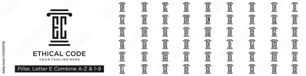 set of pillar logo design combined letter E with A to Z and numbers from 1 to 9. vector illustration
