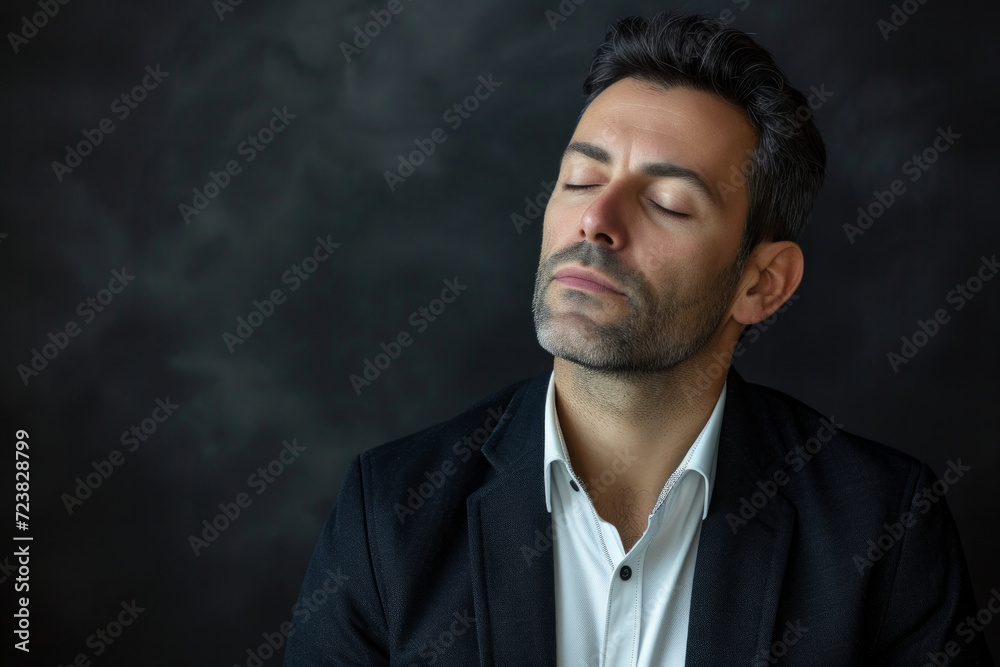 a respectable man in a suit has his eyes closed and listens to music. Men heard the love song with his eyes closed. Portrait of a man with headphones on. Close-up of a businessman. a respectable man in a suit has his eyes closed and listens to music. Men heard the love song with his eyes closed. Portrait of a man with headphones on. Close-up of a businessman.