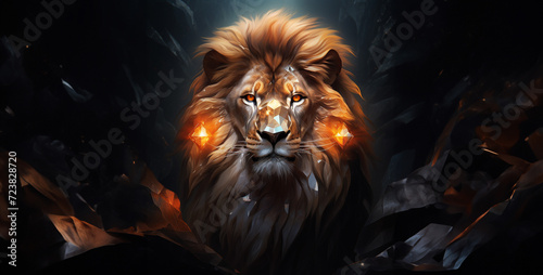 portrait of a lion, lion in the night, a lion with half its face turning into a diamond photo