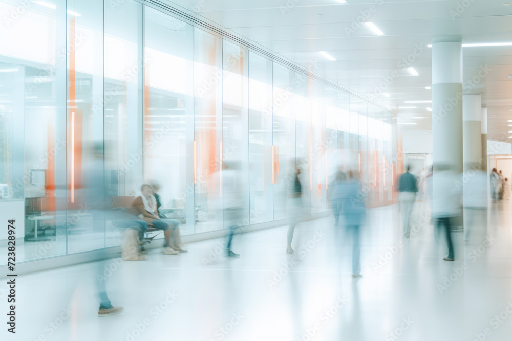 Health Insurance. abstract motion blur image of people crowd walking at hospital office building in city downtown, blurred background, business center, health care, medical technology concept