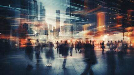 abstract motion blur image of business people crowd walking at corporate office in city downtown, business marketing, blurred background, business finance center concept