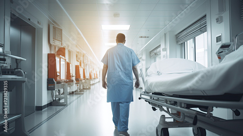 Male nurse pushing stretcher gurney bed in hospital