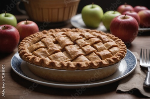 Homemade apple pie on rustic table setting