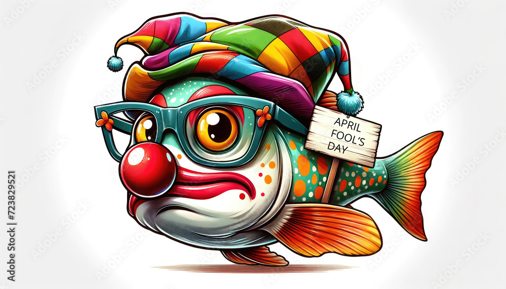 Colorful fish with a clown hat, glasses. Festive spirit April Fool's Day. Greeting card. - obrazy, fototapety, plakaty 
