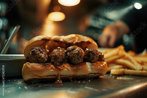 Gourmet Delight: Chef Expertly Prepares a Classic Meatball Sub Sandwich with Savory Ingredients and Homemade Tomato Sauce.
