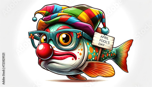 Colorful fish with a clown hat, glasses. Festive spirit April Fool's Day. Greeting card. photo