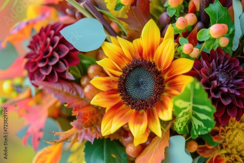 A Thanksgiving themed floral arrangement with sunflowers, dahlias, and autumn foliage
