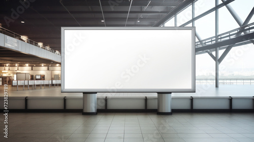 mock up of vertical blank advertising billboard or light box showcase at airport or train station, copy space for your text message or media content, advertisement, commercial and marketing concept