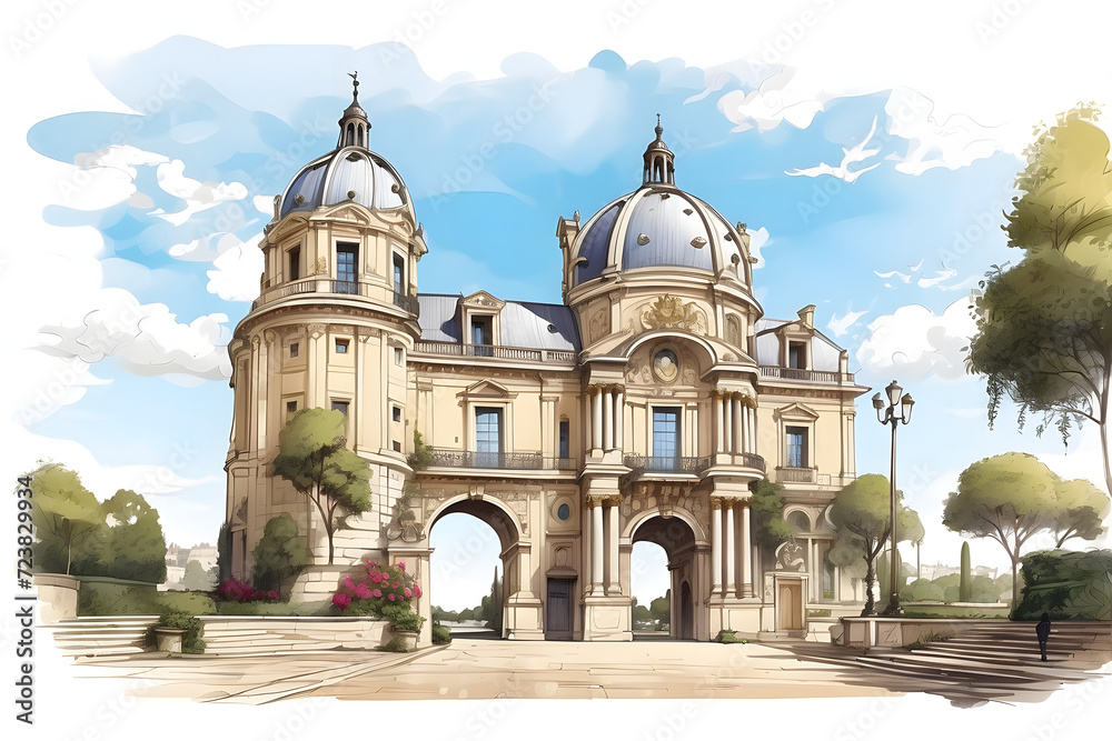 Front view of aesthetic Florence landscape illustration or cartoon