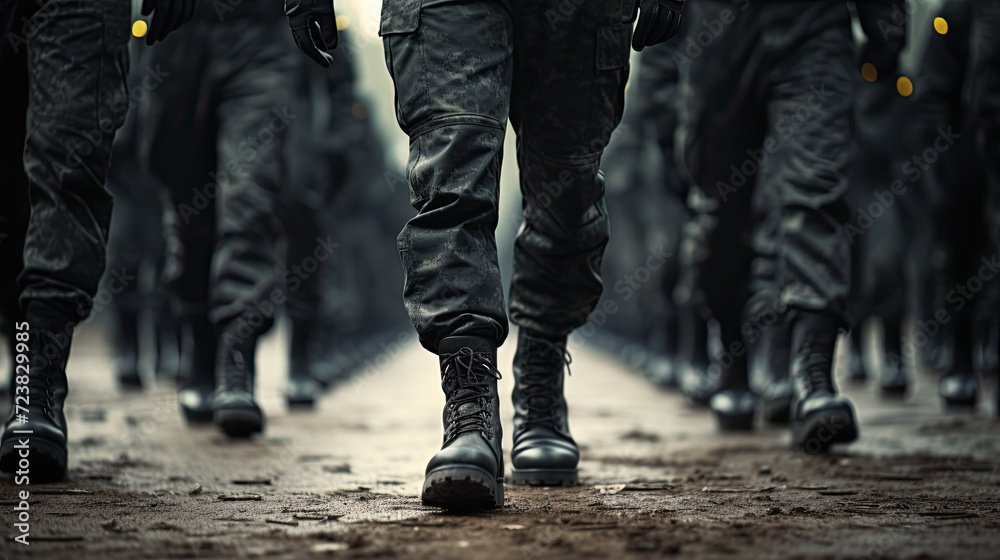Marching army of men in uniform and boots close up - obrazy, fototapety, plakaty 