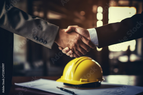 Contractor. group of architect, engineer construction worker team hand shaking after plan project contract with blueprint on desk in office at construction site, partnership, construction concept