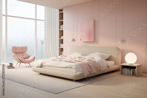 Photo of light colored minimal bedroom interior design with bed and luxury decoration