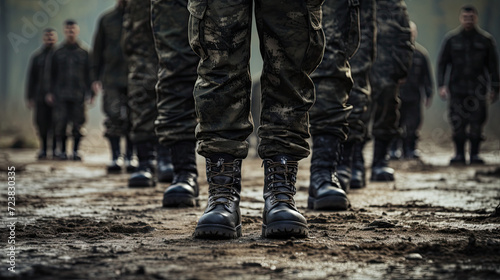 Marching army of men in uniform and boots close up