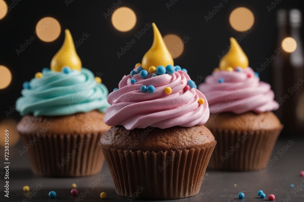 Colorful cupcake trio with festive sprinkles Colorful cupcake trio with festive sprinkles