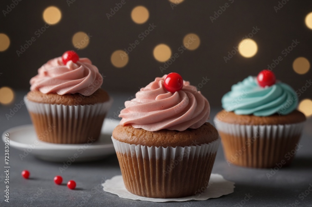 Delectable trio of frosted cupcakes with festive backdrop