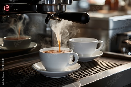Close up of a professional coffee machine brewing aromatic coffee into a pristine white cup