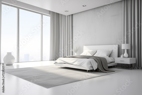Photo of minimal bedroom interior design with bed and modern decoration white colors