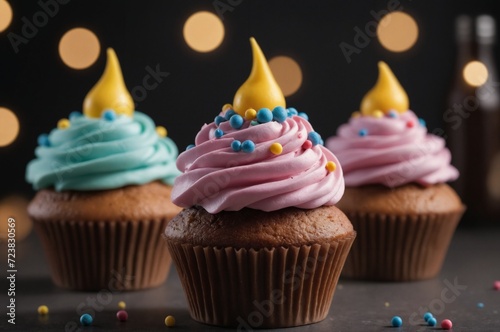 Colorful cupcake trio with festive sprinkles