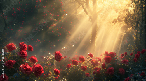 Fairytale dreamy and mystery forest of red roses with gentle morning sunlight and mist, digital illustration with matte painting, generative ai