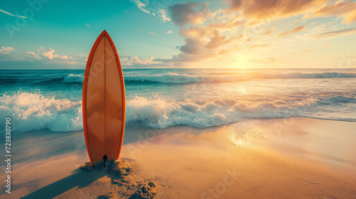 A surfboard stands on the beach. photo