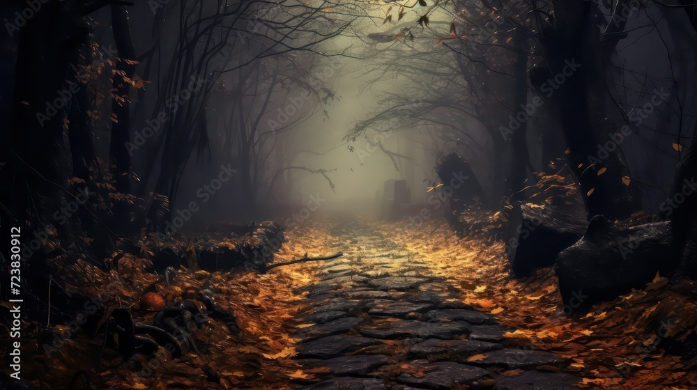 Obraz premium Autumn forest with fog and sunlight Beautiful nature background Fall season