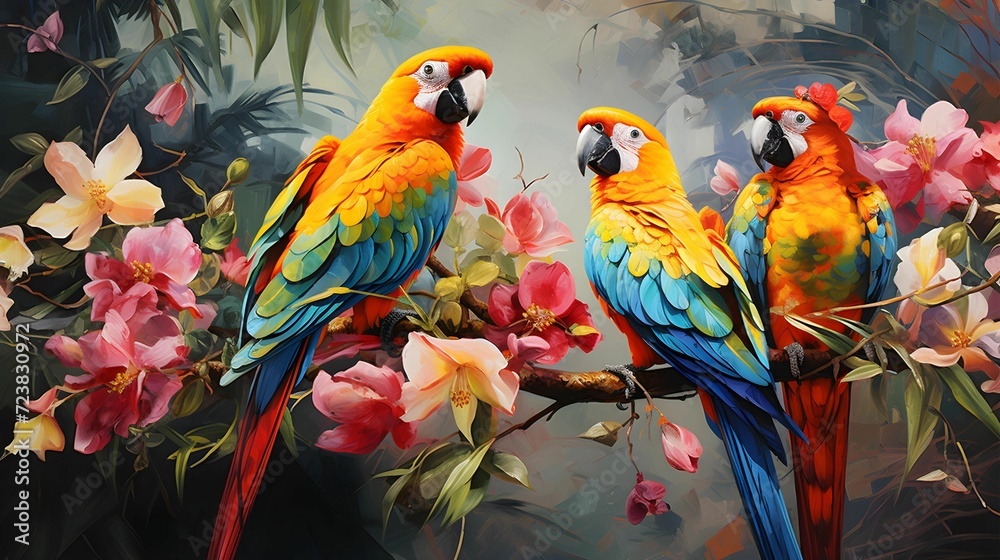 Tropical Paradise: Lush tropical foliage, exotic flowers, and colorful parrots create a lively and energetic summer painting.