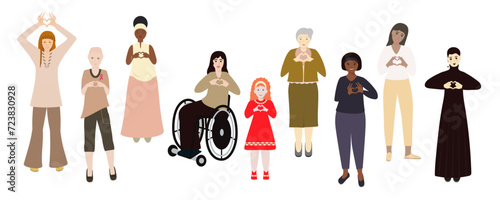 A multi-ethnic group of people strikes the #InspireInclusion pose on International Women's Day 2024. Inspire inclusion. Design element. Vector illustration. Isolated on a white background