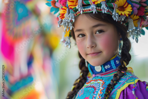 A young Kazakh girl, dressed in vibrant traditional attire