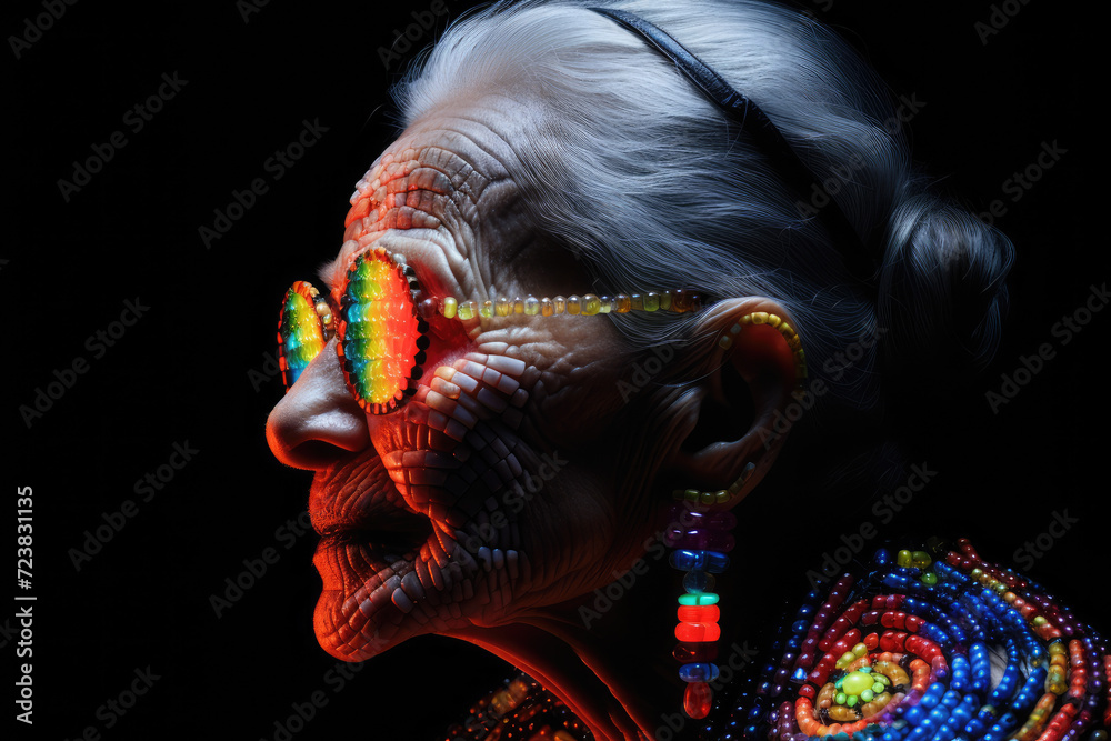 Obraz premium Photo of old woman with his face illuminated by bright neon lights