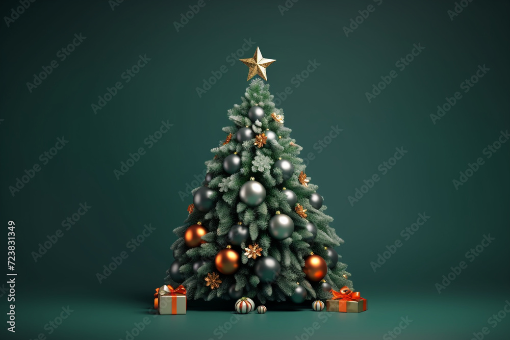 Decorated with ornaments and lights Christmas tree on dark green background. Merry Christmas and Happy Holidays greeting card, frame, banner. New Year. Noel. Winter holiday theme Decorated with ornaments and lights Christmas tree on dark green background. Merry Christmas and Happy Holidays greeting card, frame, banner. New Year. Noel. Winter holiday theme