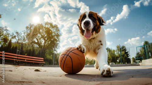 Action photograph of saint bernard dog playing basketball Animals. Sports photo