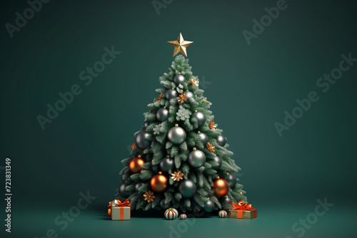 Decorated with ornaments and lights Christmas tree on dark green background. Merry Christmas and Happy Holidays greeting card, frame, banner. New Year. Noel. Winter holiday theme