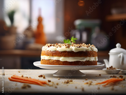 Delicious carrot cake with white buttercream frosting on wooden table, blurry kitchen background 