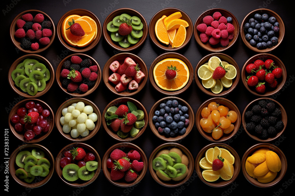 illustration of cups with fruits and berries on a dark table. Created with Generative AI illustration of cups with fruits and berries on a dark table. Created with Generative AI