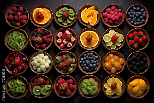 illustration of cups with fruits and berries on a dark table. Created with Generative AI